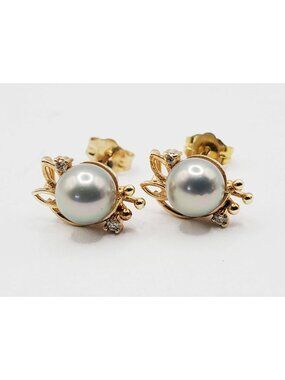Nabco 6mm Akoya Grey Pearl & Diamond Accent Leaf Earrings 14k Gold